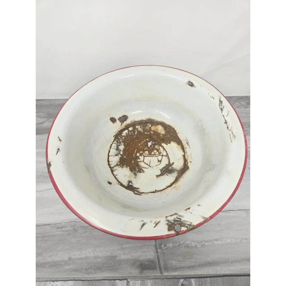 VTG White Red Enamelware Basin Bowl Antique Primitive Farm  12